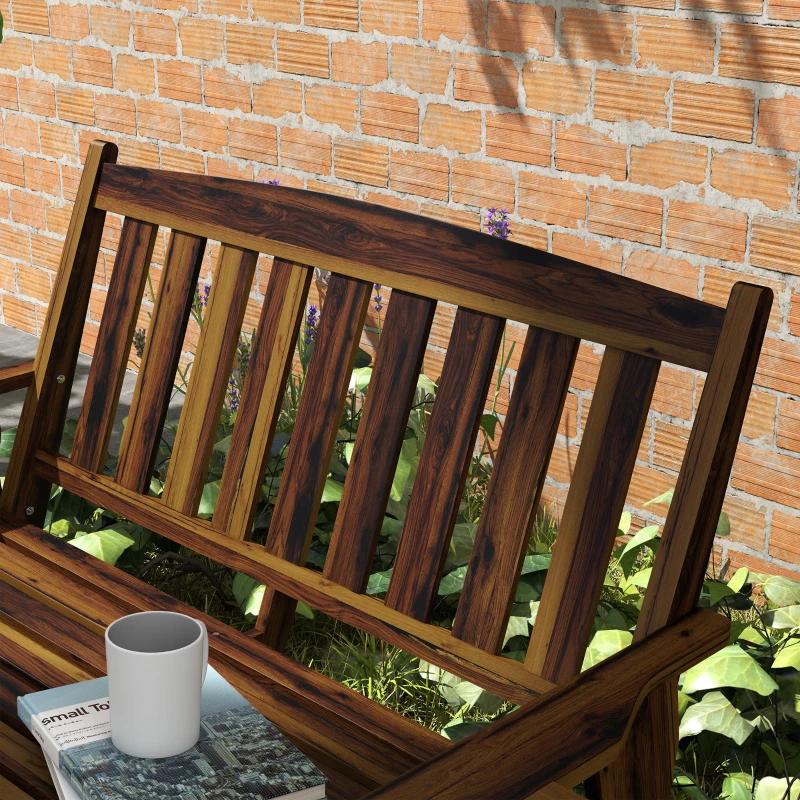 Outsunny Wood Outdoor Bench, Garden Bench w/ Cupholder Armrests, Slatted Seat & Backrest, Park Bench for Patio, Porch, Carbonized