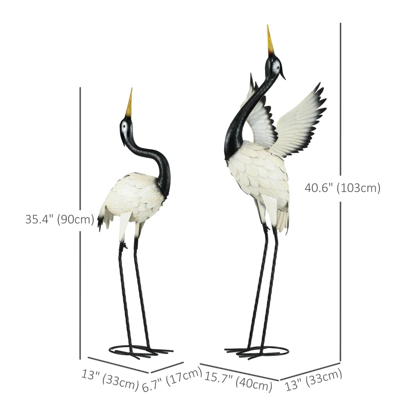 Outsunny Set of 2 Garden Sculptures Heron Statues Lawn Patio Backyard Ornaments, 35.4"-40.6", White and Black