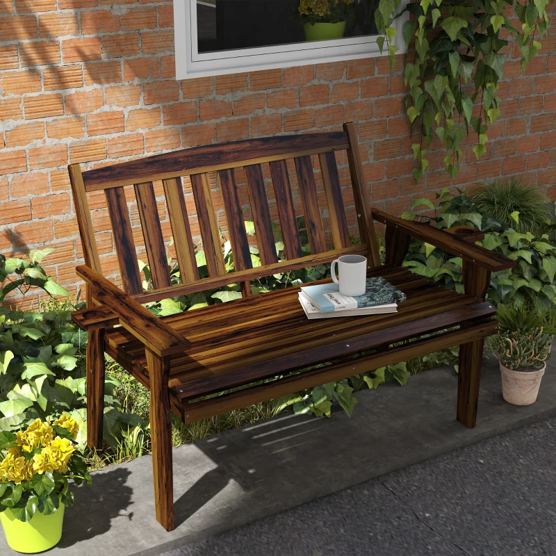 Outsunny Wood Outdoor Bench, Garden Bench w/ Cupholder Armrests, Slatted Seat & Backrest, Park Bench for Patio, Porch, Carbonized