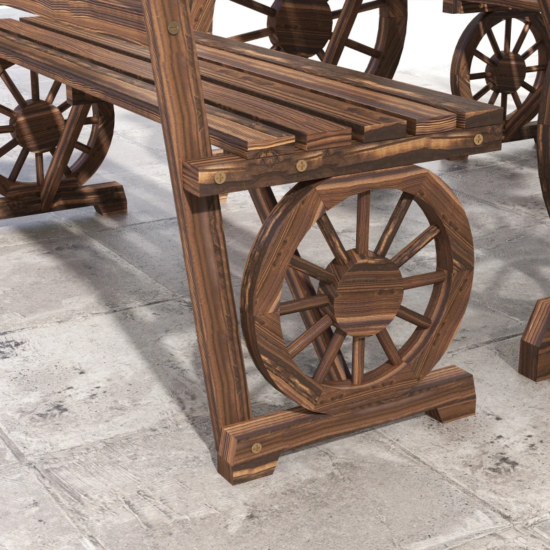 Outsunny Wooden Patio Table and Chairs for 4 People 3-Piece Carriage Wheels Design for Porch, Backyard, Balcony, Carbonized