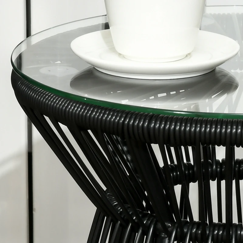 Outsunny Round End Table, Rattan Side Table, Hollow Drum Design Coffee Table w/ Glass Tabletop for Patio, Garden, Balcony, Black