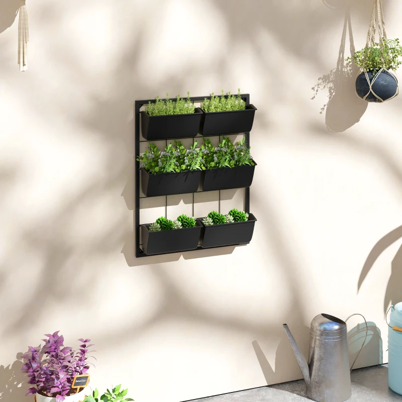 Outsunny 3-Tier Hanging Planter with 6 Pots for Indoor and Outdoor Use, Wall Planter, Self Draining & Wall Mounted, Black