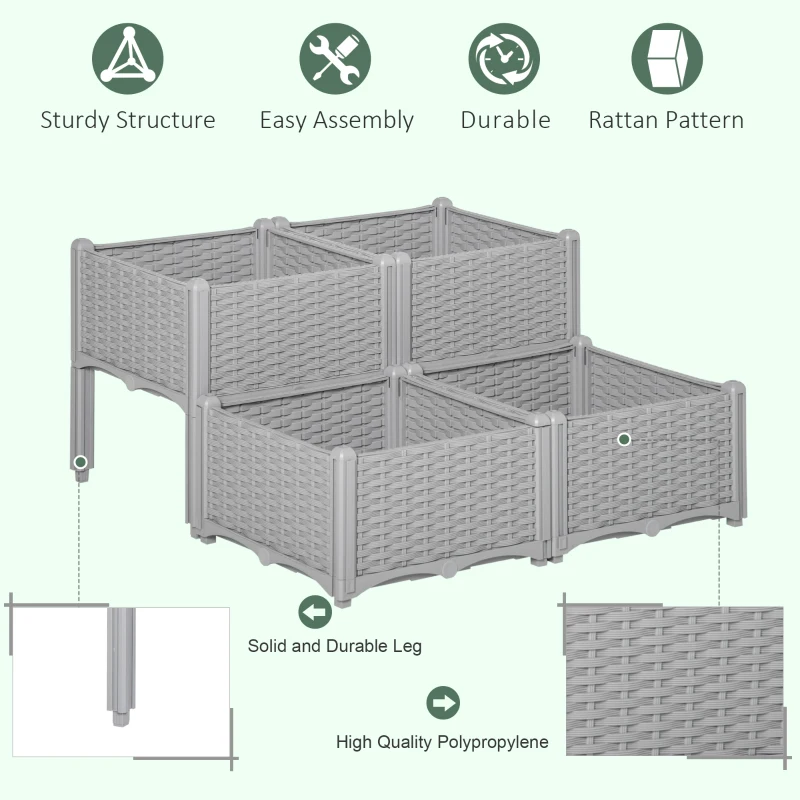 Outsunny 4-piece Raised Garden Bed PP Raised Flower Bed Vegetable Herb Grow Box Stand Grey
