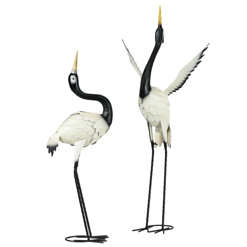 Outsunny Set of 2 Garden Sculptures Heron Statues Lawn Patio Backyard Ornaments, 35.4"-40.6", White and Black