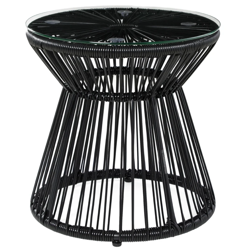 Outsunny Round End Table, Rattan Side Table, Hollow Drum Design Coffee Table w/ Glass Tabletop for Patio, Garden, Balcony, Black
