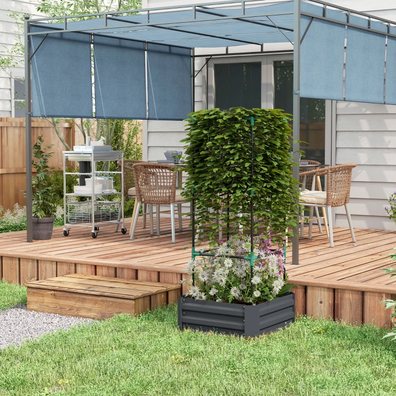Outsunny Galvanized Planter Box, Outdoor Raised Garden Bed with 3-Tier Trellis Tomato Cage for Climbing Vines, Vegetables, Grey