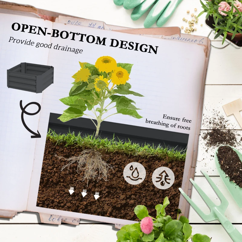 Outsunny Galvanized Planter Box, Outdoor Raised Garden Bed with 3-Tier Trellis Tomato Cage for Climbing Vines, Vegetables, Grey