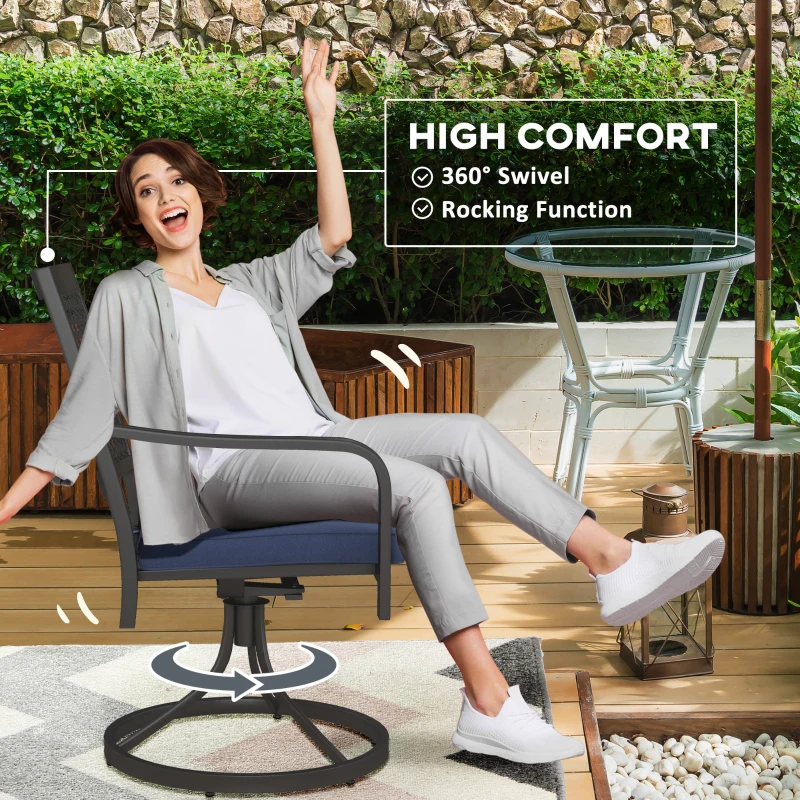 Outsunny 2 Pieces Patio Swivel Chairs with Cushion, Outdoor Swivel Rocker with Curved Armrests, Backrest for Garden, Balcony, Porch, Navy Blue