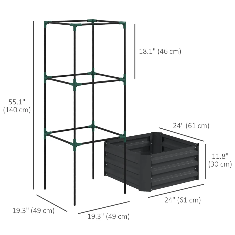 Outsunny Galvanized Planter Box, Outdoor Raised Garden Bed with 3-Tier Trellis Tomato Cage for Climbing Vines, Vegetables, Grey