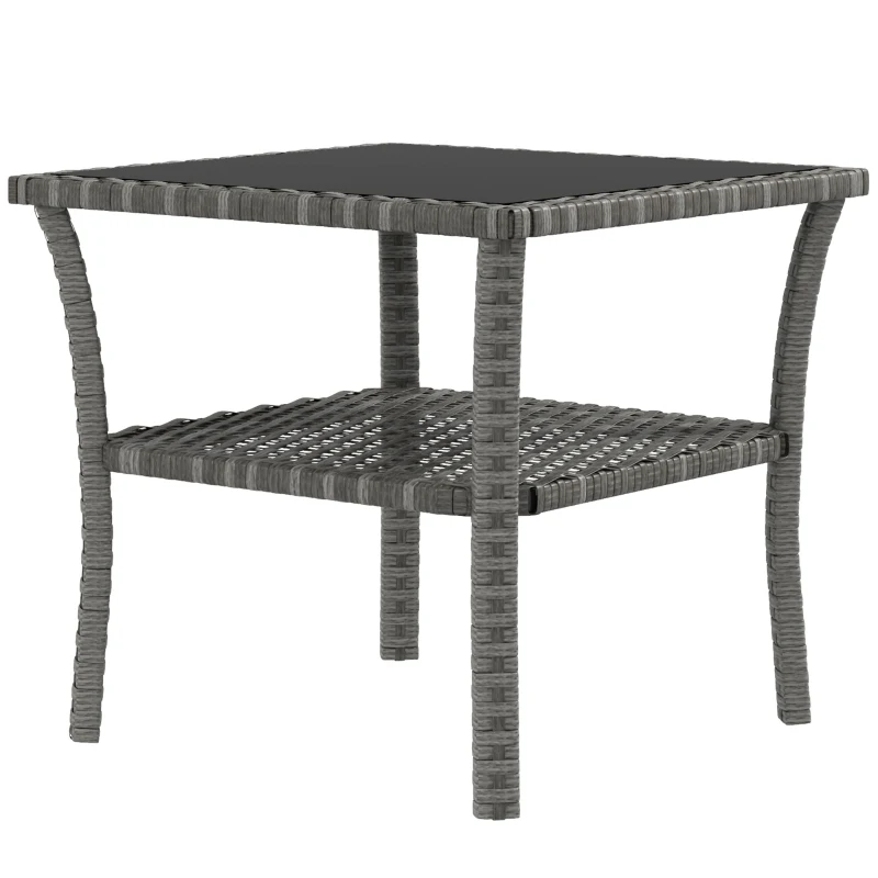 Outsunny 20" Patio Wicker Coffee Table, Outdoor PE Rattan Two-tier Side Table with Glass Top, for Patio, Garden, Balcony, Mixed Grey