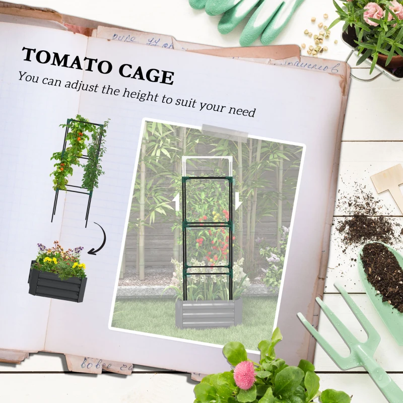 Outsunny Galvanized Planter Box, Outdoor Raised Garden Bed with 3-Tier Trellis Tomato Cage for Climbing Vines, Vegetables, Grey