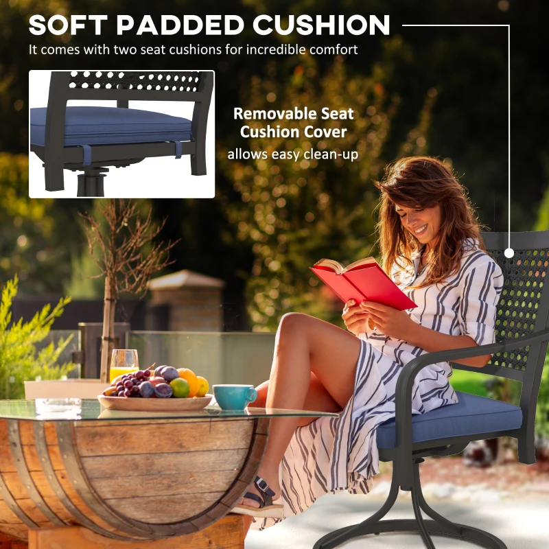 Outsunny 2 Pieces Patio Swivel Chairs with Cushion, Outdoor Swivel Rocker with Curved Armrests, Backrest for Garden, Balcony, Porch, Navy Blue