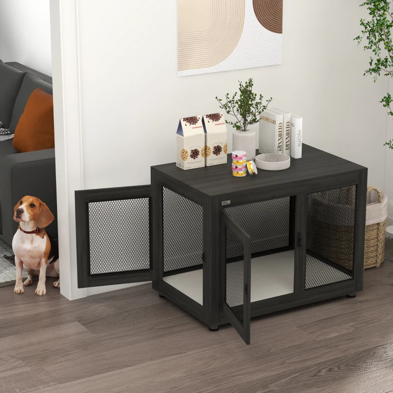 PawHut Pet Crate End Table with Water-resistant Cushion or Large Medium Dogs, Black
