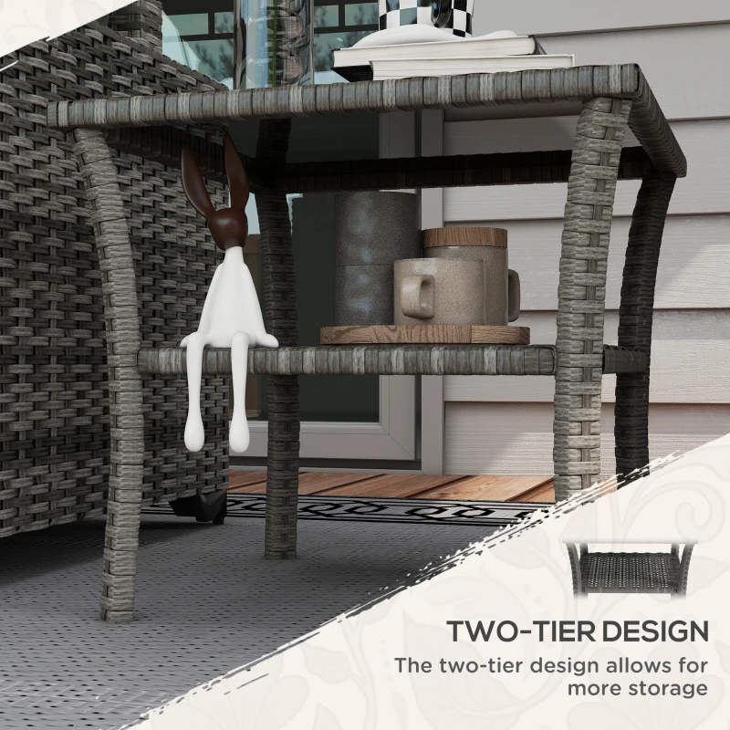 Outsunny 20" Patio Wicker Coffee Table, Outdoor PE Rattan Two-tier Side Table with Glass Top, for Patio, Garden, Balcony, Mixed Grey
