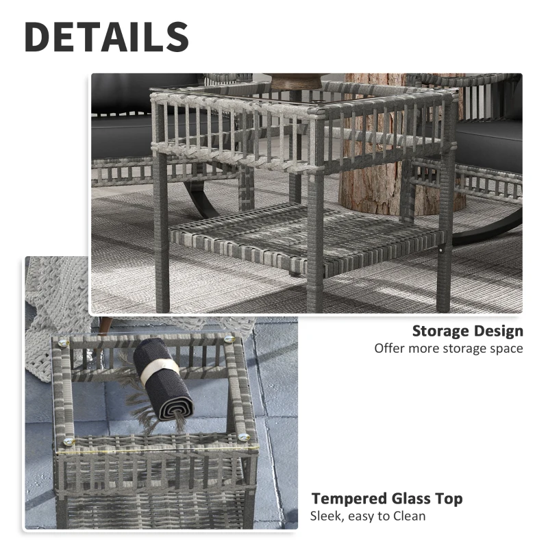 Outsunny 3 Pieces Outdoor PE Rattan Rocker Chair Set, Rocking Chair with Tempered Glass Table Top,25"x26"x28", Mixed Grey