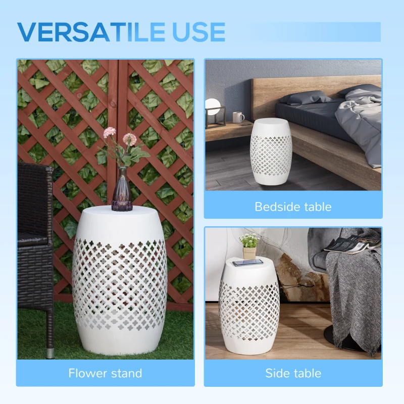 Outsunny 12.5" Steel Patio End Table, Round Hollow Drum Side Table, Accent Table for Indoor and Outdoor, White