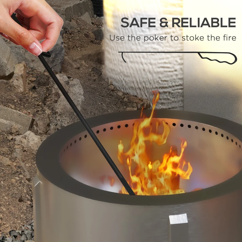 Outsunny 2-in-1 Smokeless Fire Pit BBQ Grill Portable Camping Bonfire Stove with Poker, Stainless Steel, Silver