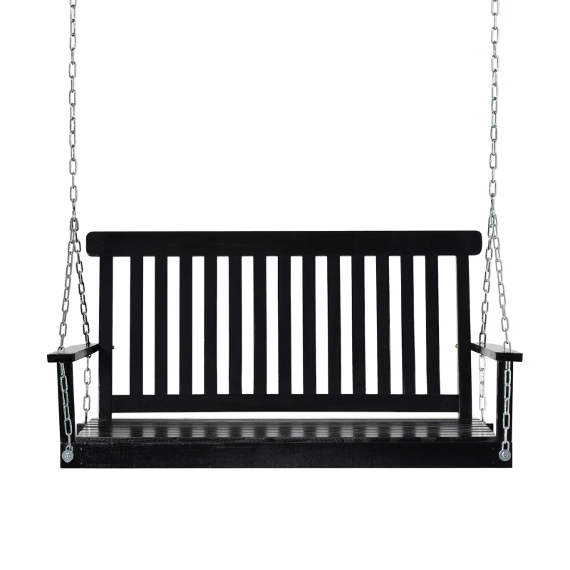 Outsunny 2-Seater Patio Swing Chair, Fir Wooden Porch Swing with Slatted Design, Hanging Chains for Outdoor, Garden, Black