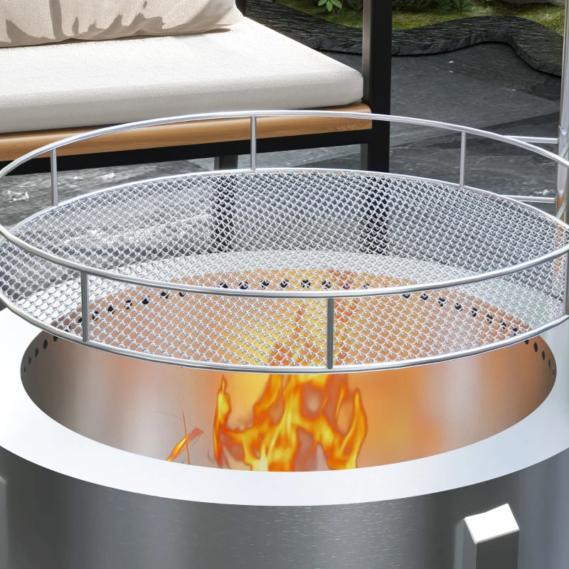 Outsunny 2-in-1 Smokeless Fire Pit BBQ Grill Portable Camping Bonfire Stove with Poker, Stainless Steel, Silver