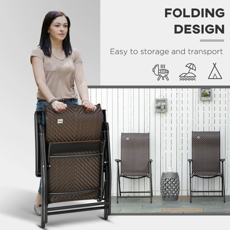 Outsunny 2PCs Outdoor Wicker Folding Chairs with Adjustable Backrest, Brown