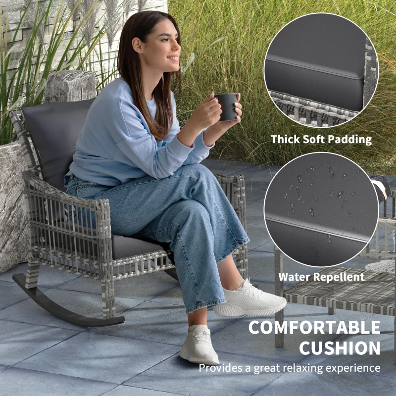 Outsunny 3 Pieces Outdoor PE Rattan Rocker Chair Set, Rocking Chair with Tempered Glass Table Top,25"x26"x28", Mixed Grey