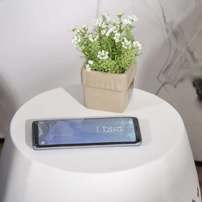 Outsunny 12.5" Steel Patio End Table, Round Hollow Drum Side Table, Accent Table for Indoor and Outdoor, White