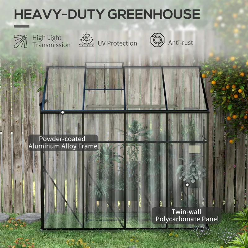Outsunny 8' x 4' Walk-in Polycarbonate Greenhouse, Lean-to Aluminum Green House with Rain Gutter and Foundation, Black