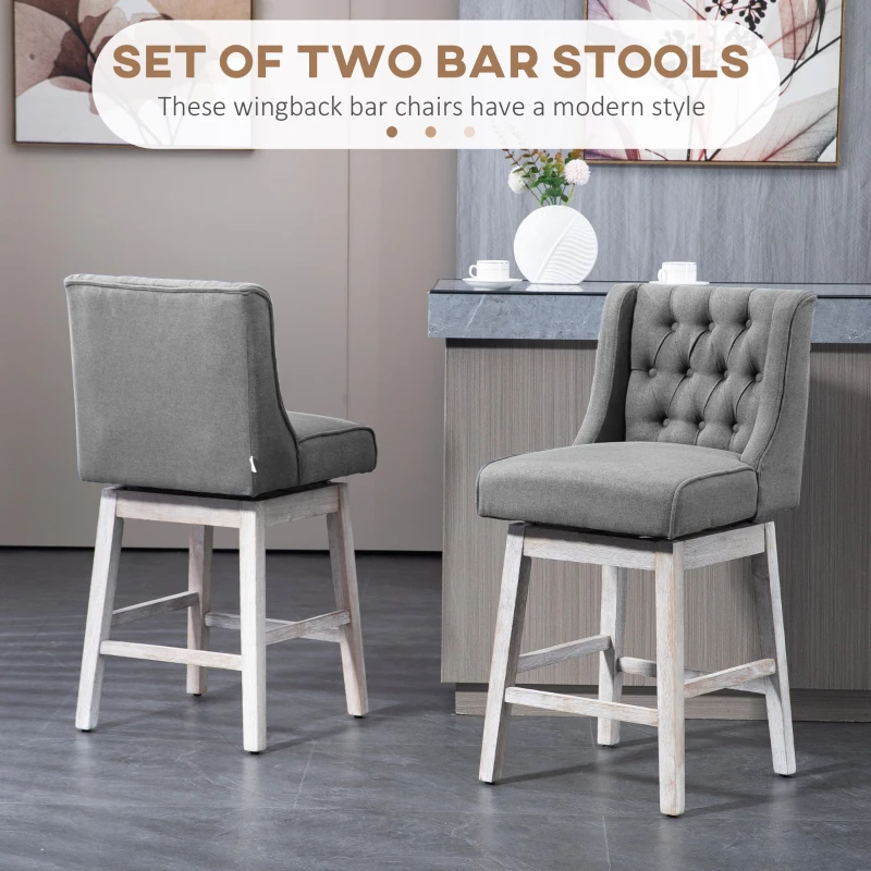 HOMCOM Swivel Bar Stools Set of 2, 27" Counter Height Stools with Linen Upholstery and Button Tufted Design for Kitchen