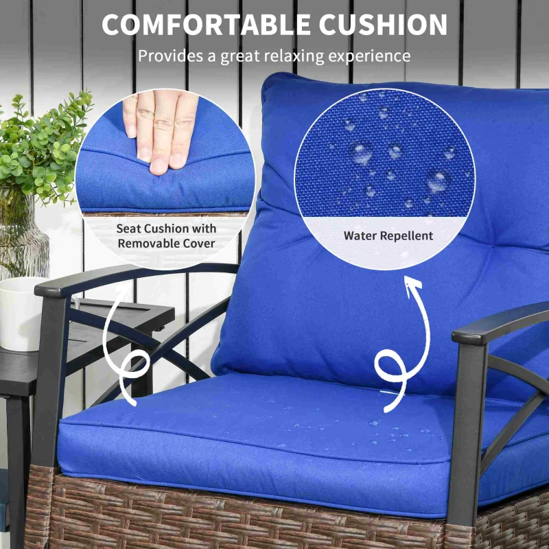 Outsunny 3 Pcs Outdoor PE Rattan Rocking Chair Set, Bistro Set with Two-tier Table, Padded Cushions for Garden, Dark Blue
