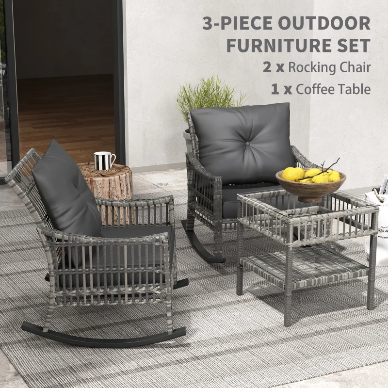 Outsunny 3 Pieces Outdoor PE Rattan Rocker Chair Set, Rocking Chair with Tempered Glass Table Top,25"x26"x28", Mixed Grey