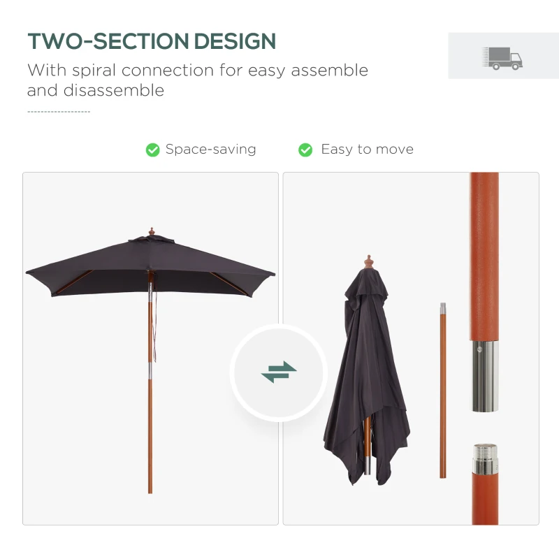 Outsunny 6.6x5ft Square Market Parasol, Wooden Patio Umbrella with Tilt Mechanism and 6 Bamboo Ribs, Garden Sunshade, Dark Grey