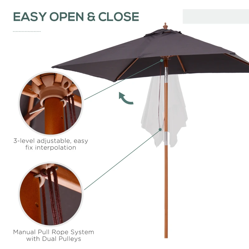 Outsunny 6.6x5ft Square Market Parasol, Wooden Patio Umbrella with Tilt Mechanism and 6 Bamboo Ribs, Garden Sunshade, Dark Grey