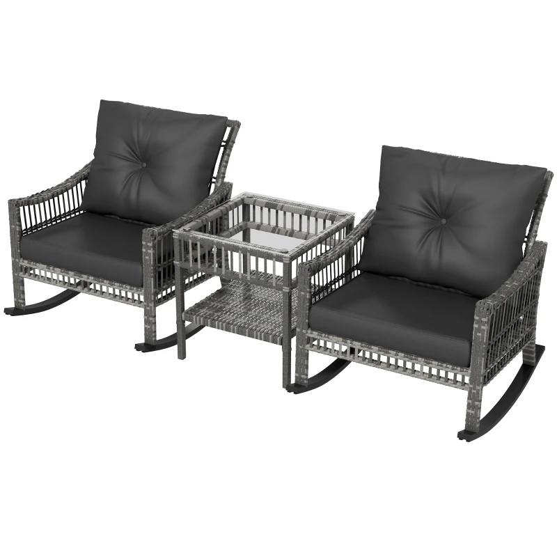 Outsunny 3 Pieces Outdoor PE Rattan Rocker Chair Set, Rocking Chair with Tempered Glass Table Top,25"x26"x28", Mixed Grey