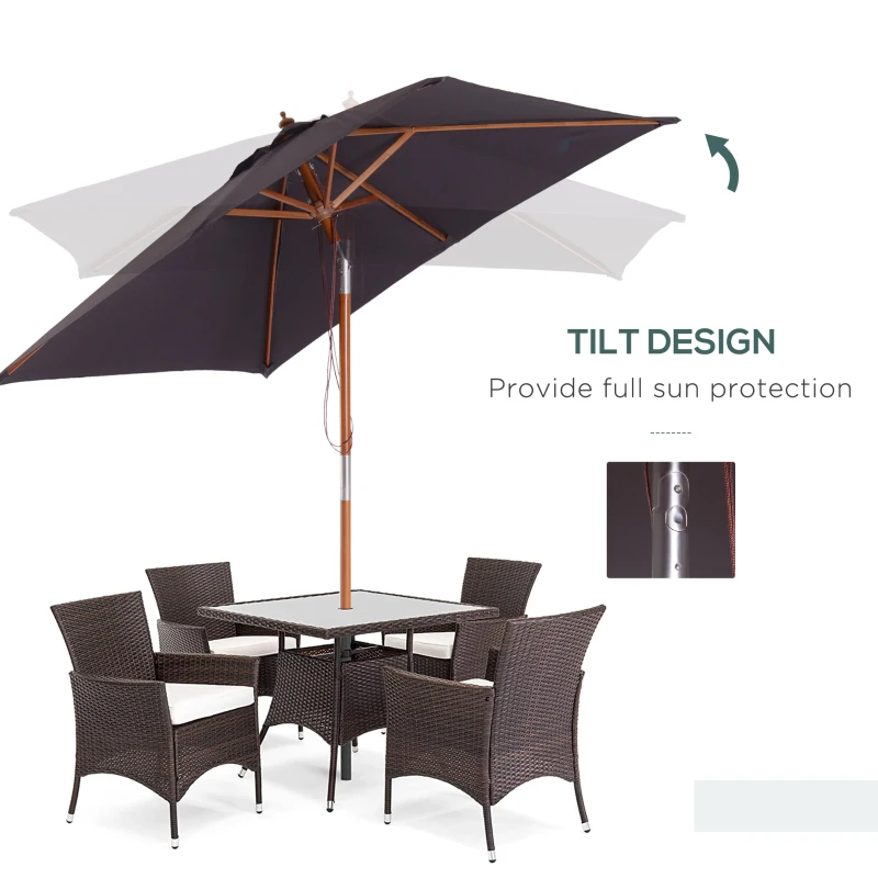 Outsunny 6.6x5ft Square Market Parasol, Wooden Patio Umbrella with Tilt Mechanism and 6 Bamboo Ribs, Garden Sunshade, Dark Grey