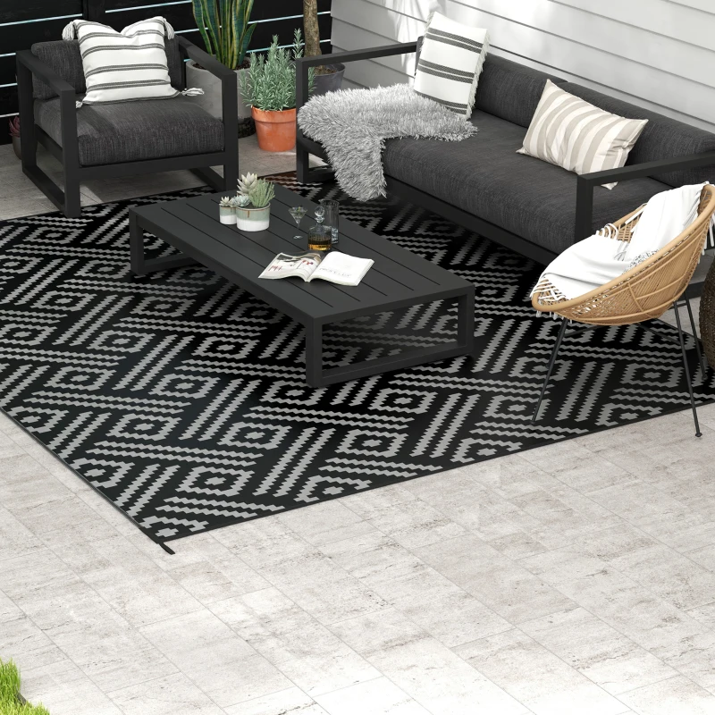 Outsunny Reversible Outdoor Rug Carpet RV Camping Rugs with Carry Bag, 9' x 12', Black & Gray Geometric