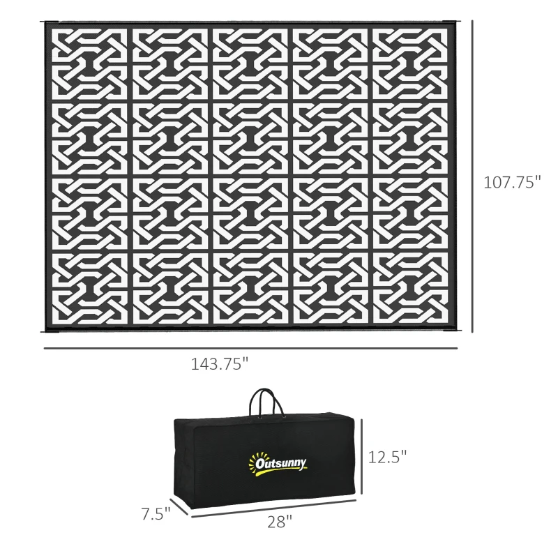 Outsunny Reversible Outdoor Rug Carpet RV Camping Rugs with Carry Bag, 9' x 12', Black & White Chain