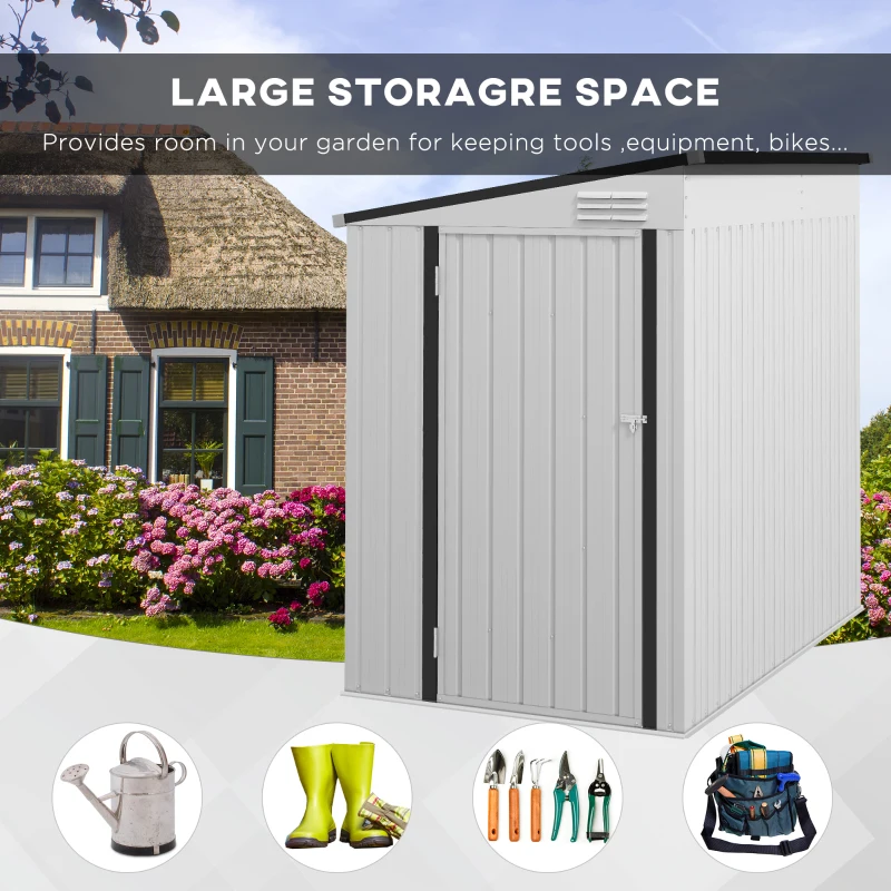 Outsunny 4' x 6' Lean to Garden Storage Shed, Outdoor Metal Tool House with Lockable Door Vents for Backyard Patio Lawn, White