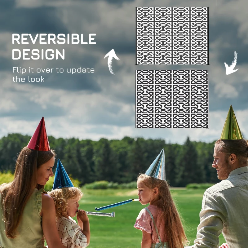 Outsunny Reversible Outdoor Rug Carpet RV Camping Rugs with Carry Bag, 8' x 10', Black & White Chain