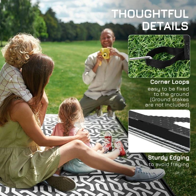 Outsunny Reversible Outdoor Rug Carpet RV Camping Rugs with Carry Bag, 9' x 12', Black & White Chain