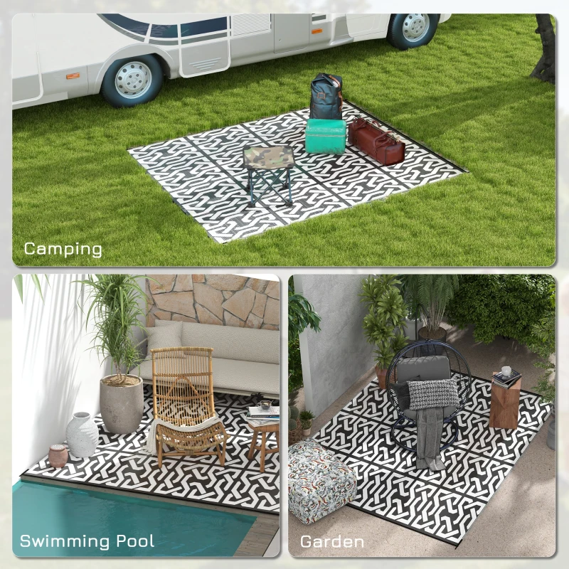 Outsunny Reversible Outdoor Rug Carpet RV Camping Rugs with Carry Bag, 8' x 10', Black & White Chain