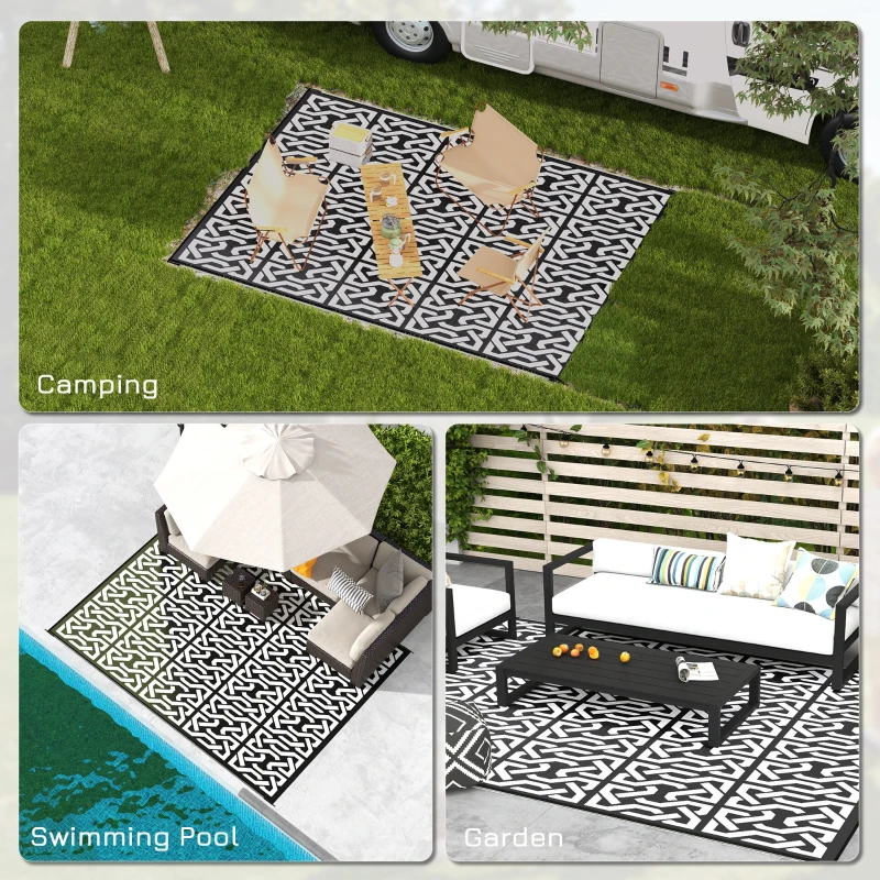 Outsunny Reversible Outdoor Rug Carpet RV Camping Rugs with Carry Bag, 9' x 12', Black & White Chain