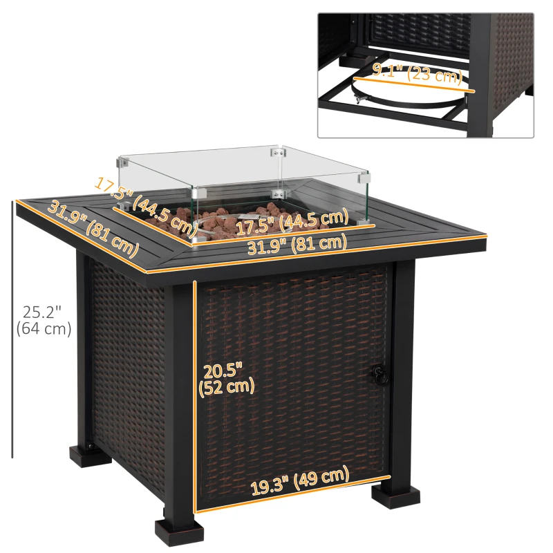 Outsunny 32" Propane Gas Fire Pit Table, 50,000 BTU Square Patio Table with Fire Pit, Wind Guard, Lid, CSA Certified, Black
