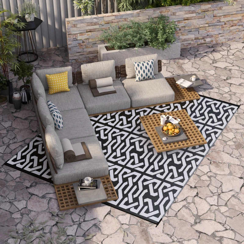 Outsunny Reversible Outdoor Rug Carpet RV Camping Rugs with Carry Bag, 8' x 10', Black & White Chain