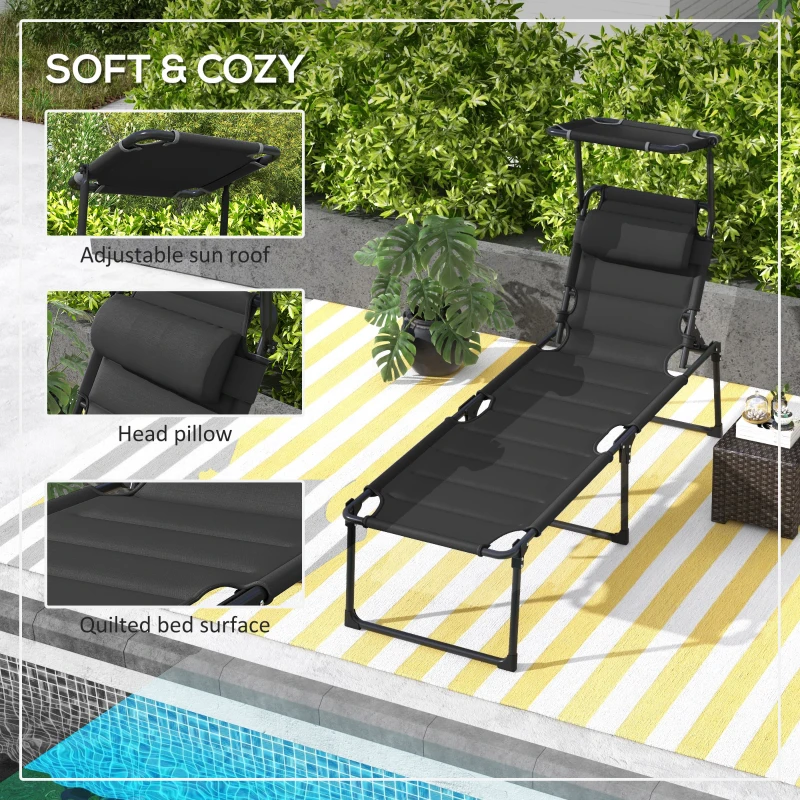 Outsunny Folding Chaise Lounge with Adjustable Sunroof, Outdoor Quick Dry Padded Tanning Chairs with Headrest, Reclining Back Outdoor Lounge Chair, for Beach, Yard, Patio, Black