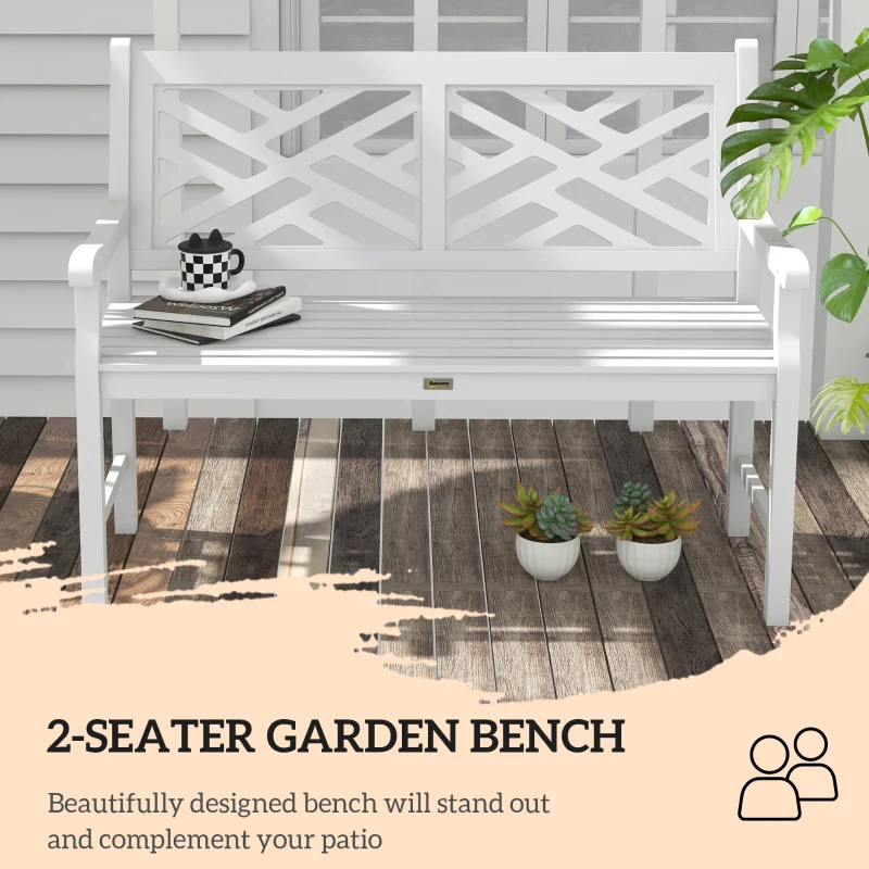 Outsunny Outdoor Garden Bench, Wooden Frame Patio Bench with Geometric Pattern, 43.25 Inch Weatherproof 2-Person Love Seat for Garden, Lawn, Porch, Yard, Work Entryway, White