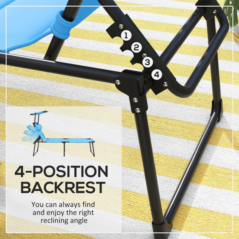 Outsunny 2 Pcs Outdoor Lounge Chair, 4 Position Adjustable Backrest, Folding, Cushioned w/ Sun Shade Roof & Pillow, Blue