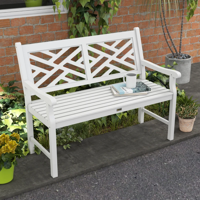 Outsunny Outdoor Garden Bench, Wooden Frame Patio Bench with Geometric Pattern, 43.25 Inch Weatherproof 2-Person Love Seat for Garden, Lawn, Porch, Yard, Work Entryway, White