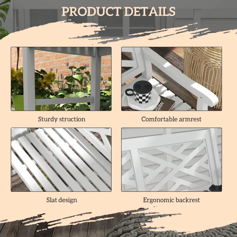 Outsunny Outdoor Garden Bench, Wooden Frame Patio Bench with Geometric Pattern, 43.25 Inch Weatherproof 2-Person Love Seat for Garden, Lawn, Porch, Yard, Work Entryway, White