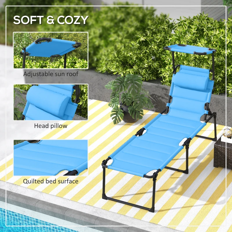 Outsunny 2 Pcs Outdoor Lounge Chair, 4 Position Adjustable Backrest, Folding, Cushioned w/ Sun Shade Roof & Pillow, Blue