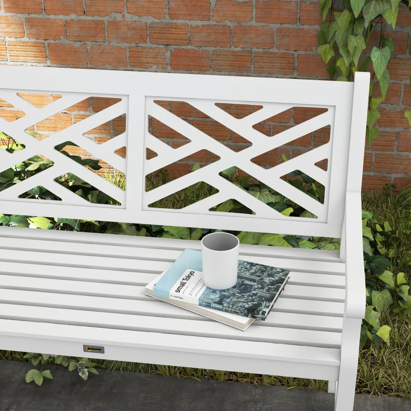 Outsunny Outdoor Garden Bench, Wooden Frame Patio Bench with Geometric Pattern, 43.25 Inch Weatherproof 2-Person Love Seat for Garden, Lawn, Porch, Yard, Work Entryway, White